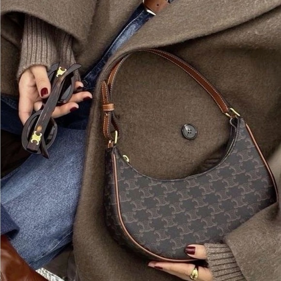 Celine Handbags - Small Ava Half Moon Crescent Bag in Triomphe Canvas and Calfskin in Tan